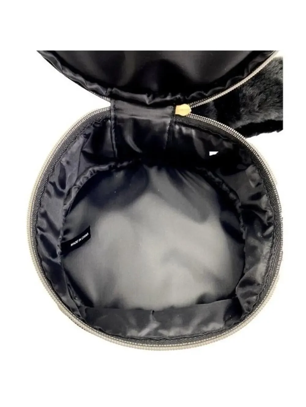 Lancome Paris Makeup Bag Black Circular Makeup Travel Carrier Case Fur Wristlet